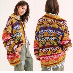 Free People oversized sweater coat size Medium-Large colorful geographic pattern